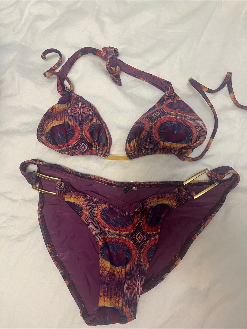 Purple Patterned Tie-Back Triangle Bikini Set